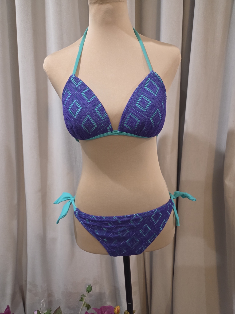 Hula Honey Purple Patterned Triangle Bikini with Teal Trim